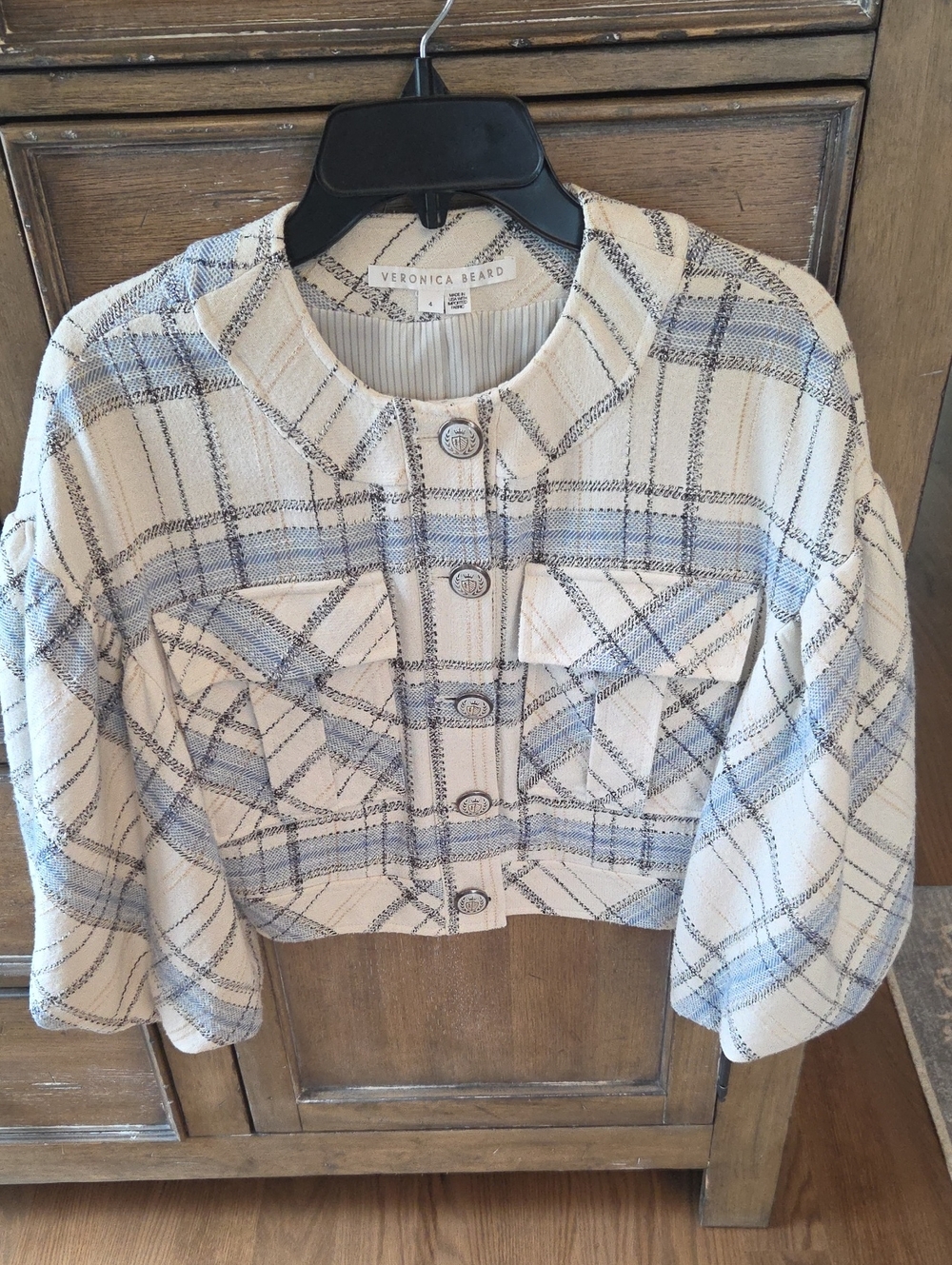 Veronica Beard Cream and Light Blue Plaid Cropped Blazer